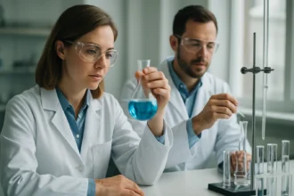 Kémikusok laboratóriumban, kálium-alumínium-szilikát kutatása