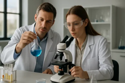 Két kutató laboratóriumban dolgozik, vegyi anyagokat vizsgálva.