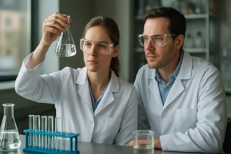 Kémiai kísérlet során két laboráns fehér köpenyben és védőszemüvegben.