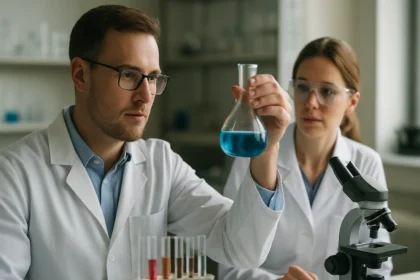 Kémiai kísérlet laboratóriumban, kék oldat bemutatása