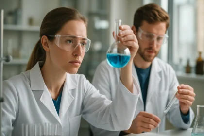Két kutató laborban, kék folyadékkal teli kémcsővel.