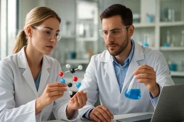 Kémikusok kísérleteznek kálium-hidrogén-karbonáttal laboratóriumban.