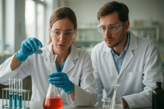 Két tudós kémiai kísérletet végez, kálium-hidroxid használatával.