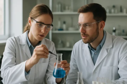 Két kutató laboratóriumban, kálium-jodát vizsgálat során.