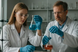 Kémiai kísérlet kálium-jodiddal, két tudós laboratóriumban