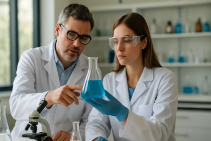 Két tudós laboratóriumban kálium-karbonát oldatot elemz.