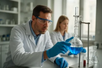 Kémikusok laboratóriumban végzik a konformációanalízist.