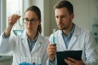 Két kutató laboratóriumi kísérletet végez kálium-kloráttal.