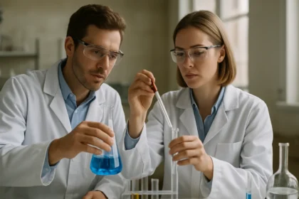 Két kutató elemzi a kálium-króm-szulfátot laboratóriumban.