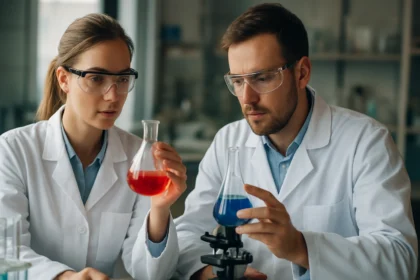 Két tudós kémiai kísérleteket végez laborkörnyezetben.
