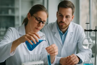 Két kutató a laboratóriumban kálium-nátrium-tartarátot vizsgál