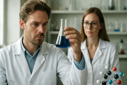 Kémiai reakciókat vizsgáló tudósok laboratóriumi környezetben.