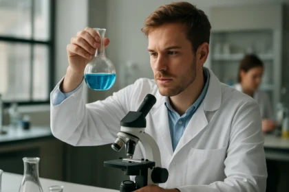 Laboratóriumi kísérletet végző tudós, kálium-peroxo-diszulfát vizsgálata.