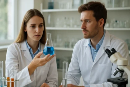 Kísérlet folyamatban laboratóriumban, kémikusok kálium-szulfidjal foglalkoznak.