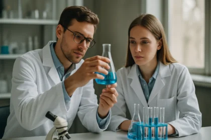 Két tudós a laborban kálium-szulfit kísérlettel foglalkozik.