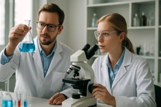 Két kutató laboratóriumban kémcsövek és mikroszkóp előtt