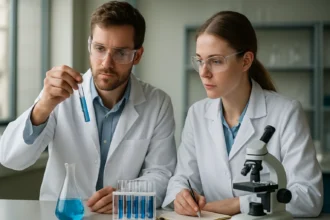 Két kutató kémiai vizsgálatot végez, káli szappan előállításához szükséges anyagokkal.