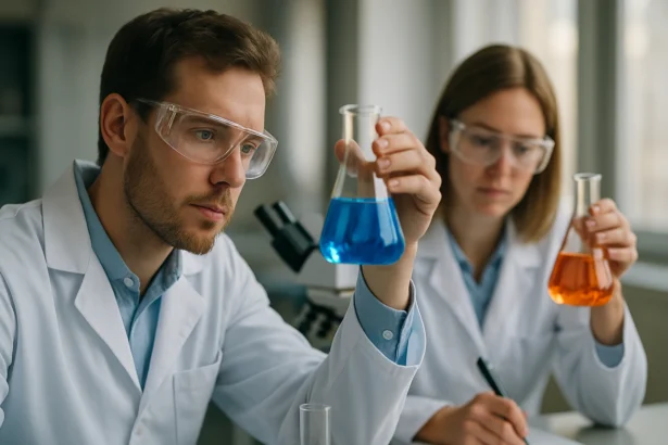 Kutatók laboratóriumban káliumszappanokkal kapcsolatos kísérletezéssel