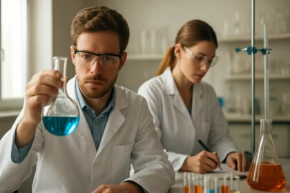 Kémiai kísérlet laboratóriumban, kálium-szuperoxid vizsgálata