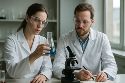 Két kémikus laboratóriumban kálium-timszót vizsgálva.