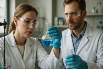 Két kutató laboratóriumban kalomel elektródával dolgozik.