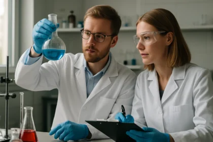 Két kutató laboratóriumban kanadai balzsamot tanulmányozva.