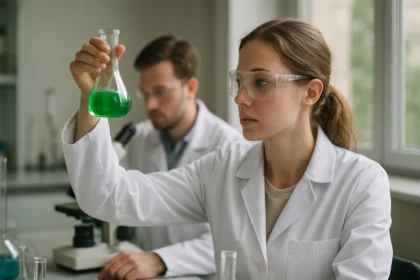 Kémiai laborban dolgozó fiatal nő, zöld folyadékos edénnyel.