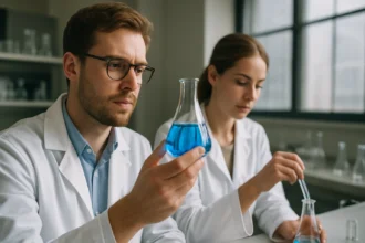 Két tudós laboratóriumban kémiai kísérleteken dolgozik.