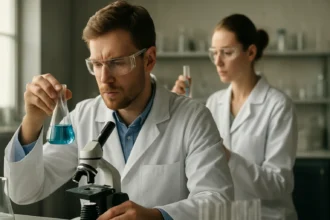 Kémikusok laboratóriumban kantaxantin elemzésén dolgoznak.