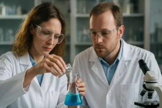 Két tudós laborban kaprolaktám kémiai kísérletet végez