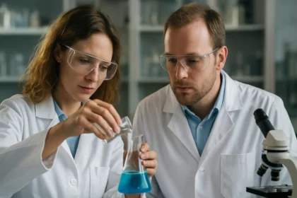 Két tudós laborban kaprolaktám kémiai kísérletet végez