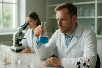 Kémikus laboratóriumban kapszorubinnal kísérletezik