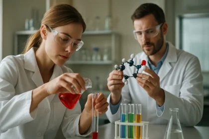 Kémikusok karamella készítését tanulmányozzák laboratóriumban.