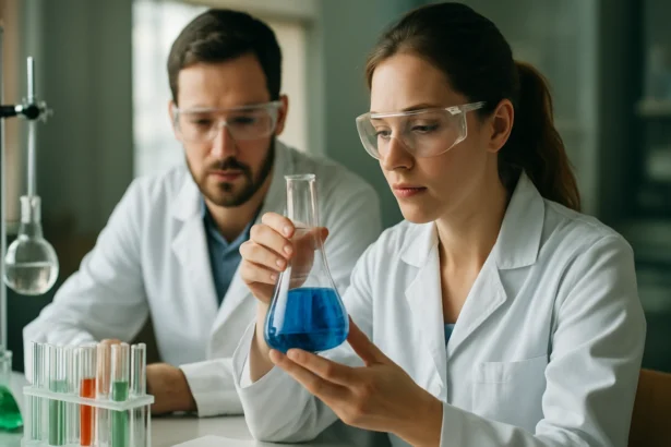 Két tudós laboratóriumi kísérlet közben, karbaminsav kutatására összpontosítva.