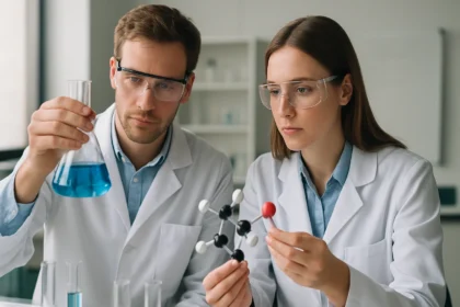 Két vegyész karbamidsav molekuláris modell vizsgálata laboratóriumban.