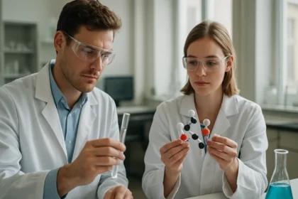 Két kutató vizsgál egy karbin molekulát laboratóriumban.