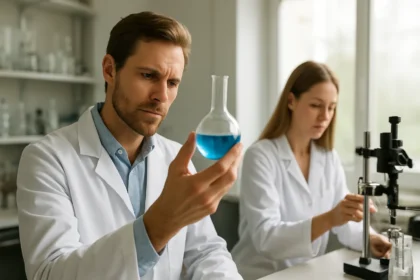 Kémikusok laboratóriumban aromás vegyületek elemzése közben