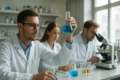 Kémikusok laboratóriumban karbodiimid elemzése során