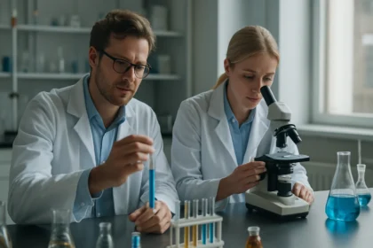 Két kutató laboratóriumban karbon-diklorid kémiai reakcióján dolgozik.