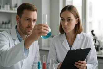 Két tudós kémiai kísérletet végez laboratóriumi környezetben.