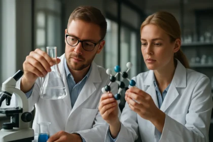 Két tudós laboratóriumban, a karbonil-diklorid jellemzőinek vizsgálata közben.