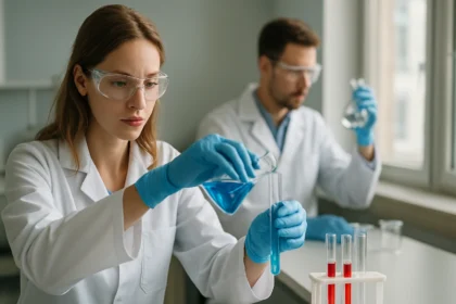 Kémiai kísérlet, ahol foszgén és karbonil-klorid vizsgálata történik laboratóriumban.