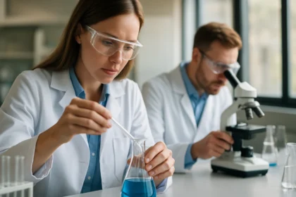 Kémiai kutatók az anyagfeldolgozás során laboratóriumban