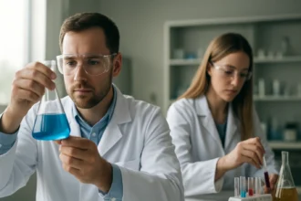 Két vegyész laboratóriumban kémiai kísérleteket végez, karboxilát ionnal foglalkozva.