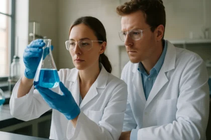 Laboratóriumban dolgozó kutatók szilícium-karbid tulajdonságait vizsgálva