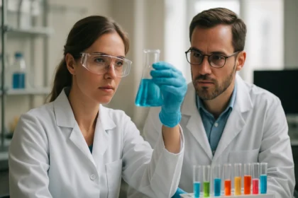 Két tudós laboratóriumi kísérletet végez, karboxilcsoport elemzésére.