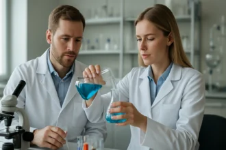 Két tudós kémiai kísérletet végez laborban, égszínkék folyadékokkal.