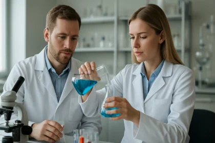 Két tudós kémiai kísérletet végez laborban, égszínkék folyadékokkal.