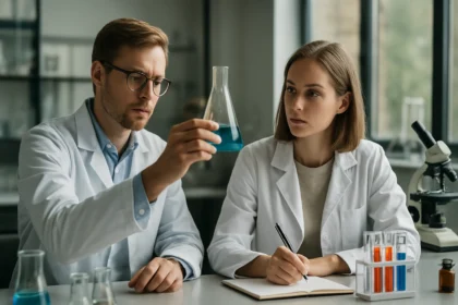 Két kémikus laborkörnyezetben, kémcsövekkel és jegyzettel.