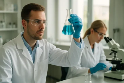 Kémiai laboratóriumi kísérlet: kék folyadékot vizsgáló kutató.